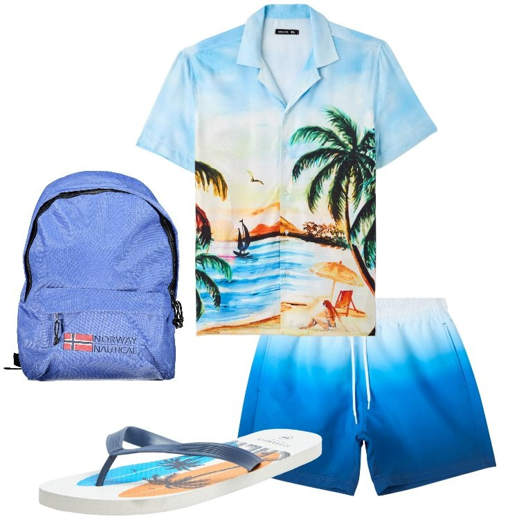 Outfit uomo - Tropical Mood. Stile Casual per Mare. Abbinamento con sandali, costumi, camicie a manica corta, borse sportive.