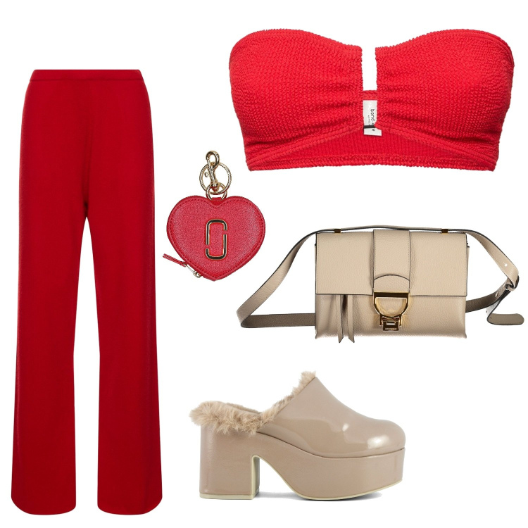 Outfit donna - Rosso ciliegia. Stile Casual per Mare. Abbinamento con sabot, anelli, top, borse a tracolla, pantaloni.