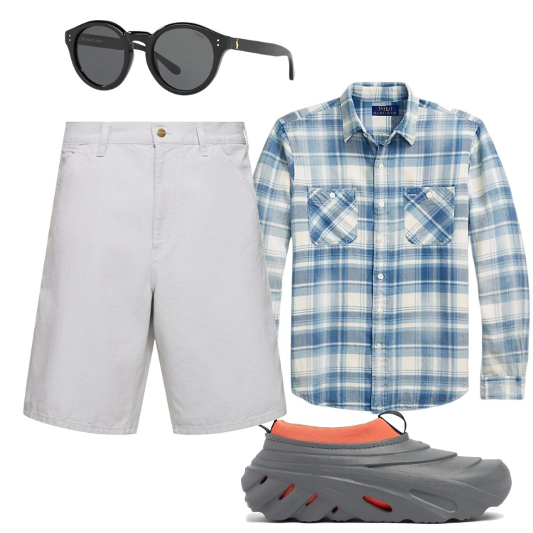 Outfit uomo - Total look #1917522. Stile Casual per Tutti i giorni. Abbinamento con occhiali da sole, camicie, shorts, sandali.