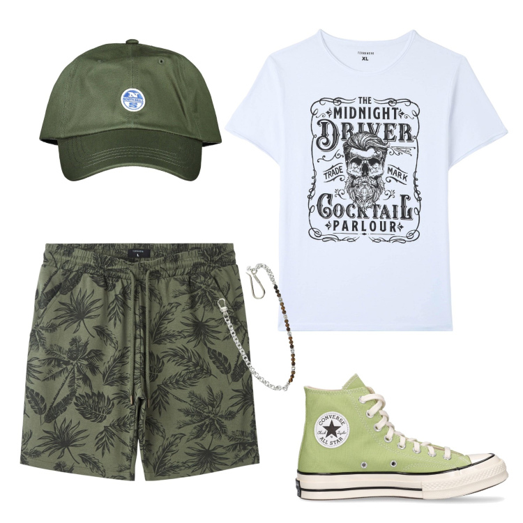 Outfit uomo - Il bermuda tropicale. Stile Trendy per Tutti i giorni. Abbinamento con bermuda, t-shirt, collane, sneakers, cappelli con visiera.