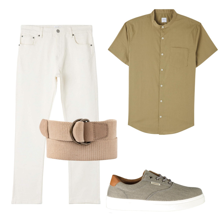 Outfit uomo - Colletto alla coreana. Stile Casual per Tutti i giorni. Abbinamento con camicie a manica corta, pantaloni, cinture, sneakers.