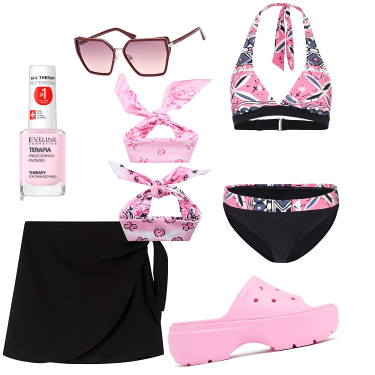 Outfit donna - Le Crocs rosa. Stile Trendy per Mare. Abbinamento con bikini, smalti, fasce per capelli, vestiti da spiaggia, ciabatte, occhiali da sole.