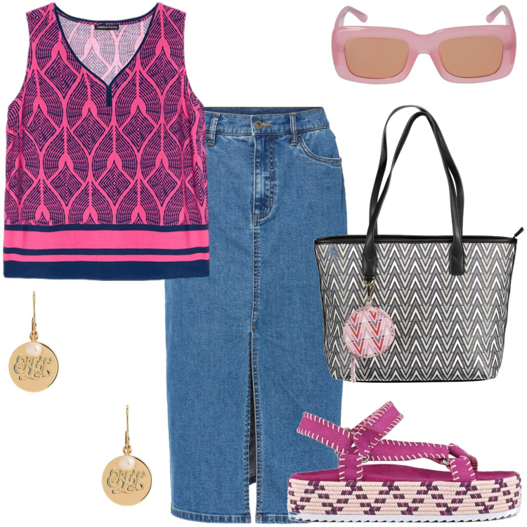 Outfit donna - Summer Donna Curvy. Stile Casual per Tutti i giorni. Abbinamento con gonne lunghe, orecchini, sandali, top, occhiali da sole, borse a spalla.