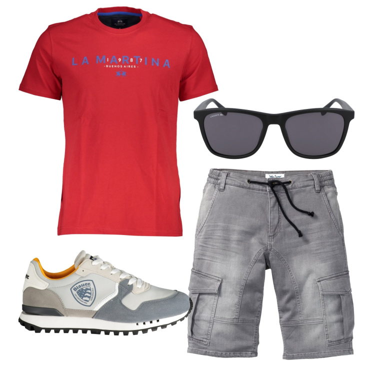 Outfit uomo - Rosso su grigio. Stile Casual per Tutti i giorni. Abbinamento con bermuda, t-shirt, occhiali da sole, sneakers.