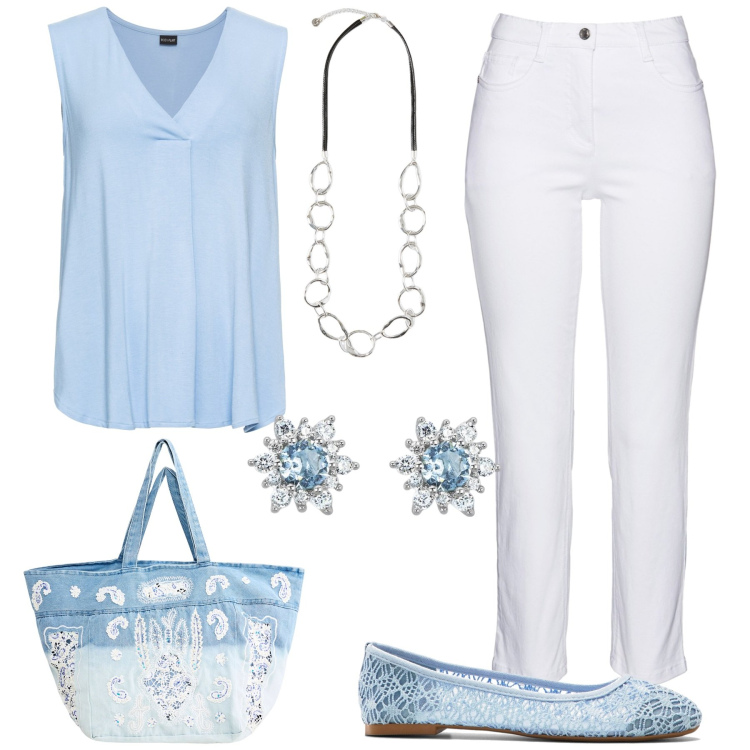 Outfit donna - Freschezza. Stile Chic per Tutti i giorni. Abbinamento con top, ballerine, pantaloni, shopping bag, orecchini, collane.