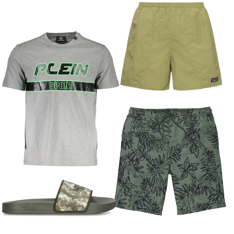 Outfit uomo - Verde oliva. Stile Casual per Mare. Abbinamento con pantaloni corti, t-shirt, sandali, costumi.