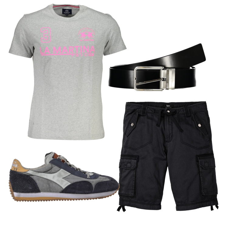 Outfit uomo - Total look. Stile Urban per Tutti i giorni. Abbinamento con bermuda, sneakers, t-shirt, cinture.