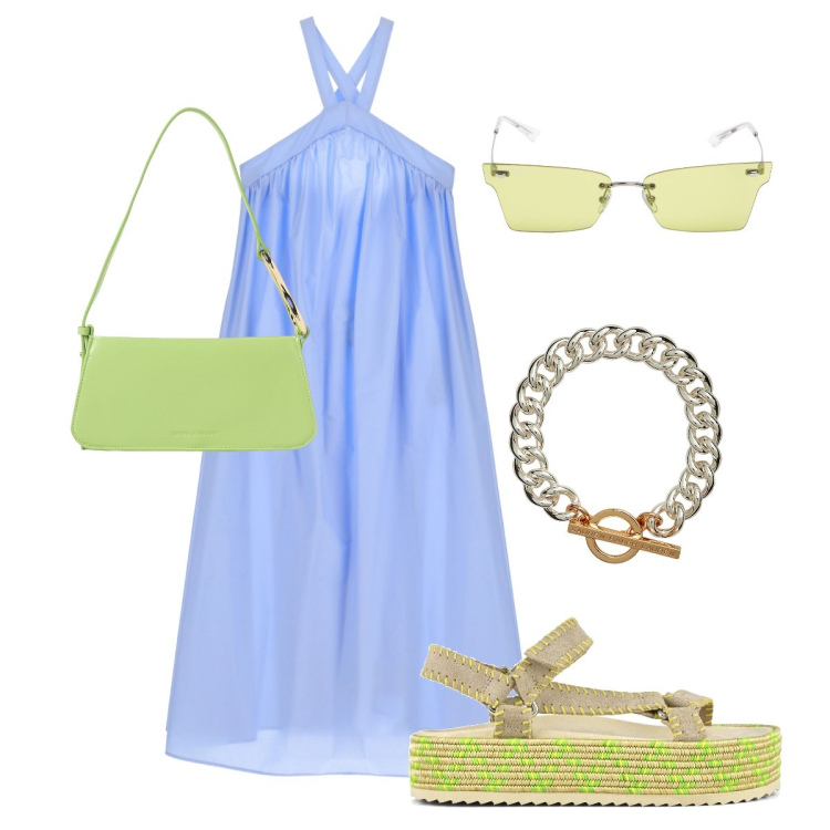 Outfit donna - Fresco colore. Stile Romantica per Serata fuori. Abbinamento con vestiti lunghi, braccialetti, sandali, borse a spalla, occhiali da sole.