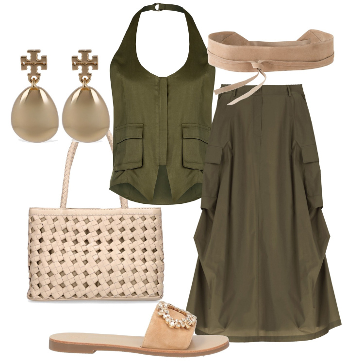 Outfit donna - Fresca in città. Stile Casual chic per Tutti i giorni. Abbinamento con cinture, sandali in pelle, top, gonne lunghe, borse a spalla, orecchini.