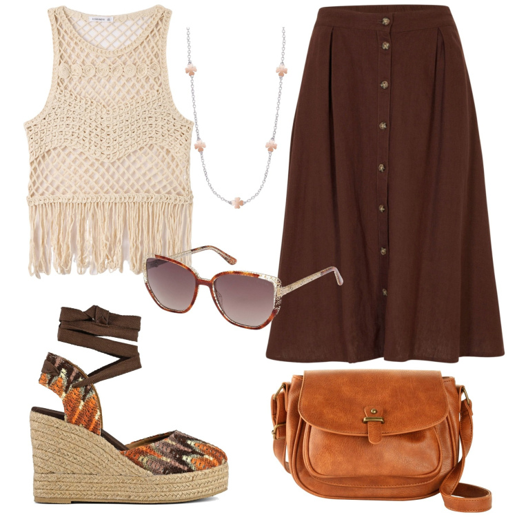 Outfit donna - Un giro al mercato. Stile Boho per Tutti i giorni. Abbinamento con borse a tracolla, gonne longuette, top, collane, occhiali da sole, sandali col tacco.