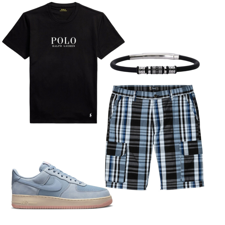 Outfit uomo - Casual dark. Stile Casual per Tutti i giorni. Abbinamento con bermuda, braccialetti, t-shirt, sneakers.
