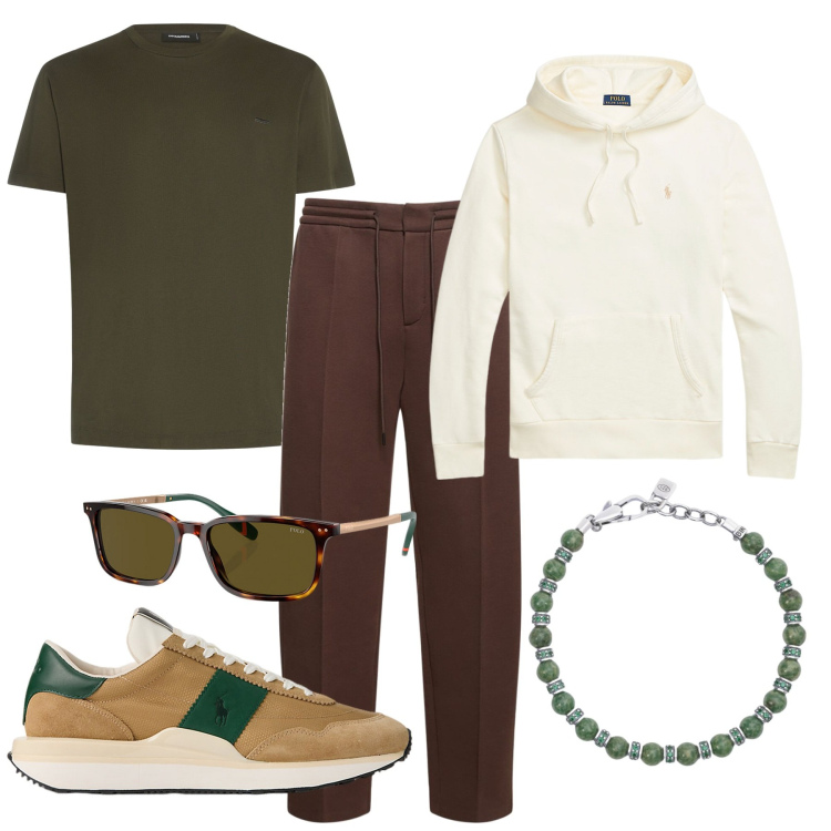 Outfit uomo - Look da alta montagna. Stile Casual per Tutti i giorni. Abbinamento con braccialetti, felpe con cappuccio, occhiali da sole, sneakers, t-shirt, pantaloni.