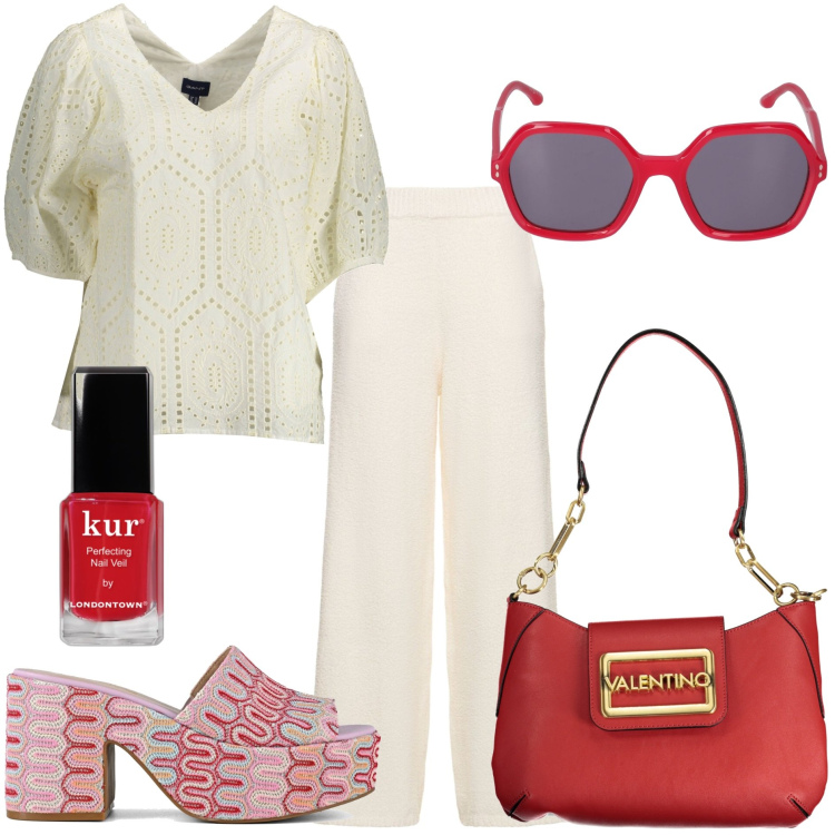 Outfit donna - Rouge. Stile Trendy per Tutti i giorni. Abbinamento con smalti, t-shirt, sabot, pantaloni, borse a spalla, occhiali da sole.
