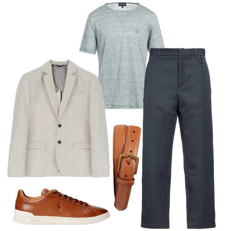 Outfit uomo - Serata in giacca avorio. Stile Trendy per Serata speciale. Abbinamento con t-shirt, pantaloni, giacche, cinture, sneakers.