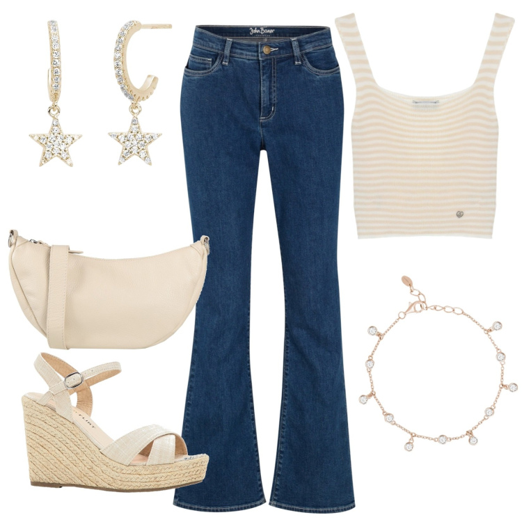 Outfit donna - I gioielli dell\'estate. Stile Casual per Tutti i giorni. Abbinamento con jeans bootcut, sandali, borse a tracolla, orecchini, braccialetti, maglieria.