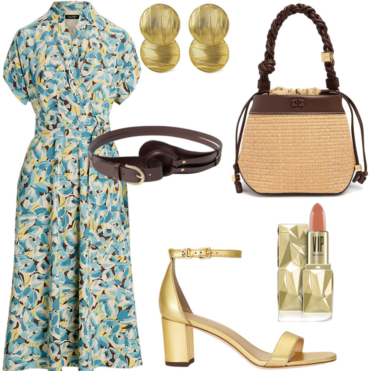 Outfit donna - Summer outfit. Stile Vintage retrò per Ufficio. Abbinamento con rossetti, sandali in pelle, vestiti, borse a secchiello, orecchini, cinture.