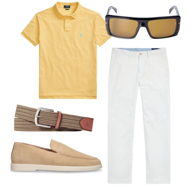 Outfit uomo - Un tipo solare. Stile Casual per Tutti i giorni. Abbinamento con pantaloni, polo, cinture, occhiali da sole, scarpe stringate.