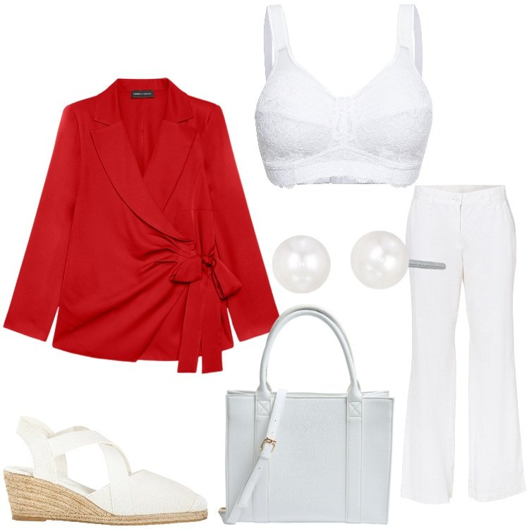 Outfit donna - Rosso e perla. Stile Casual chic per Tutti i giorni. Abbinamento con reggiseni, pantaloni, sandali, shopping bag, orecchini, blazer.