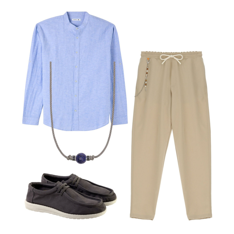 Outfit uomo - Cena all\'aperto. Stile Trendy per Serata speciale. Abbinamento con camicie, collane, pantaloni, scarpe stringate.