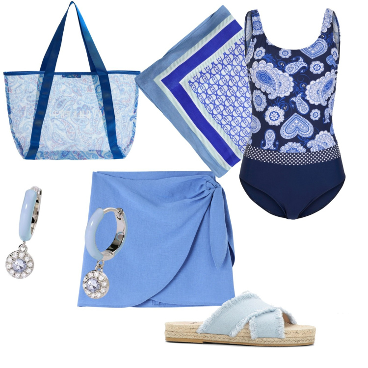 Outfit donna - Total look #1917624. Stile Casual per Mare. Abbinamento con costumi interi, ciabatte, vestiti da spiaggia, shopping bag, orecchini, foulard.