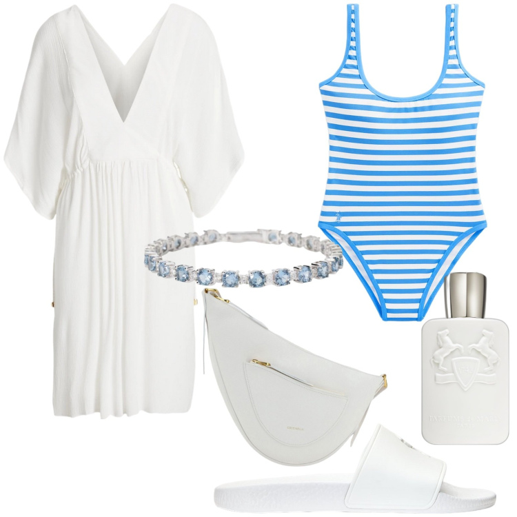 Outfit donna - Total look #1917625. Stile Casual per Mare. Abbinamento con profumi, braccialetti, costumi interi, vestiti da spiaggia, ciabatte, borse a tracolla.
