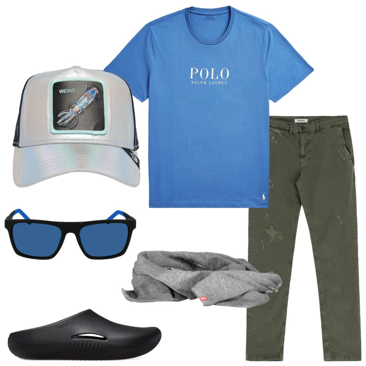 Outfit uomo - Sandalo crocs. Stile Casual per Tutti i giorni. Abbinamento con pantaloni, t-shirt, sandali, cappelli, occhiali da sole, sciarpe.
