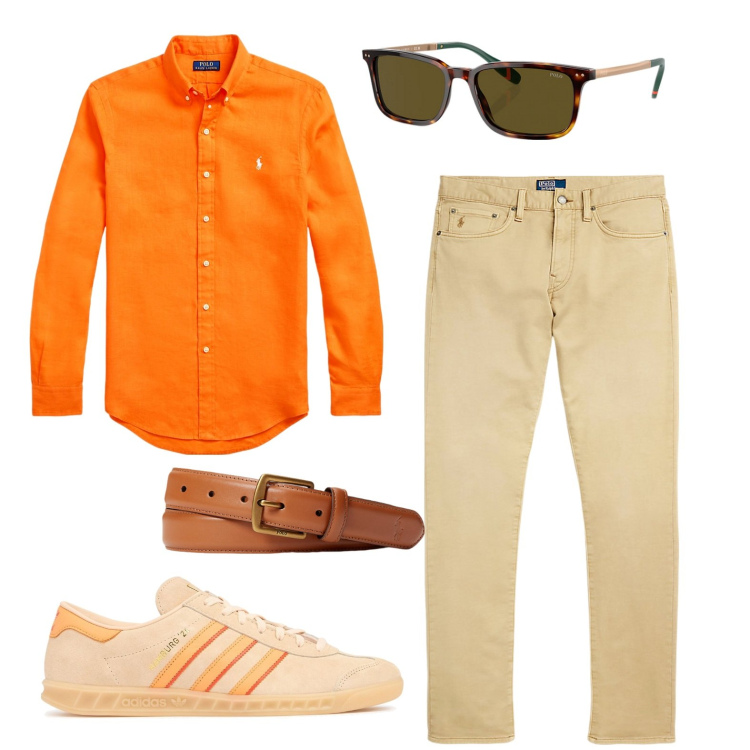 Outfit uomo - scent of orange. Stile Casual per Ufficio. Abbinamento con cinture, pantaloni chino, occhiali da sole, camicie, sneakers.