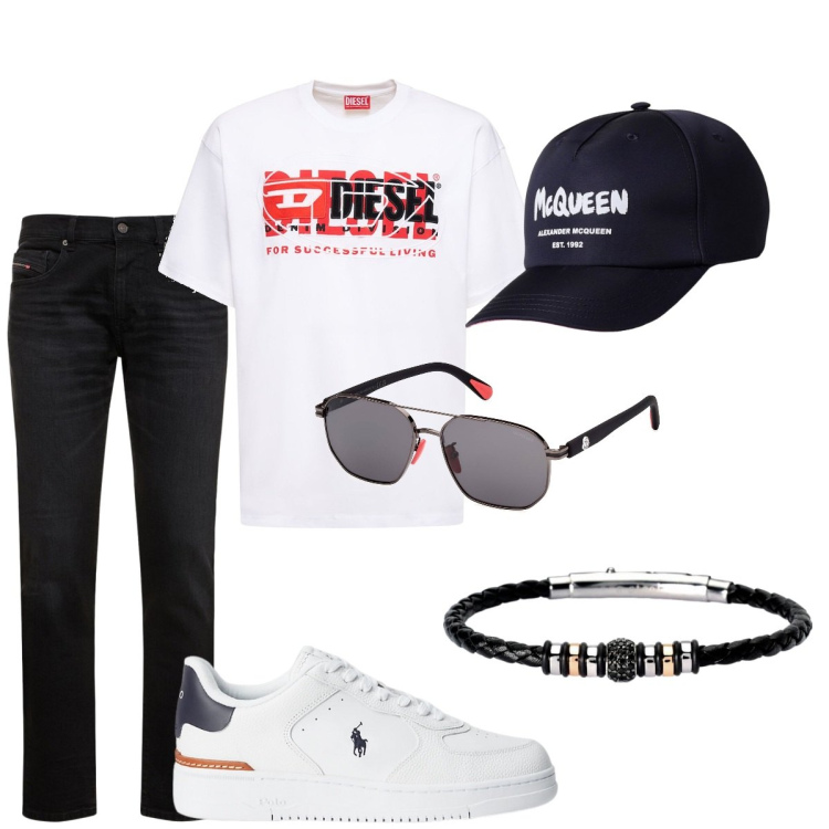 Outfit uomo - La t-shirt bianca. Stile Casual per Tutti i giorni. Abbinamento con braccialetti, sneakers, jeans slim fit, t-shirt, occhiali da sole, cappelli con visiera.