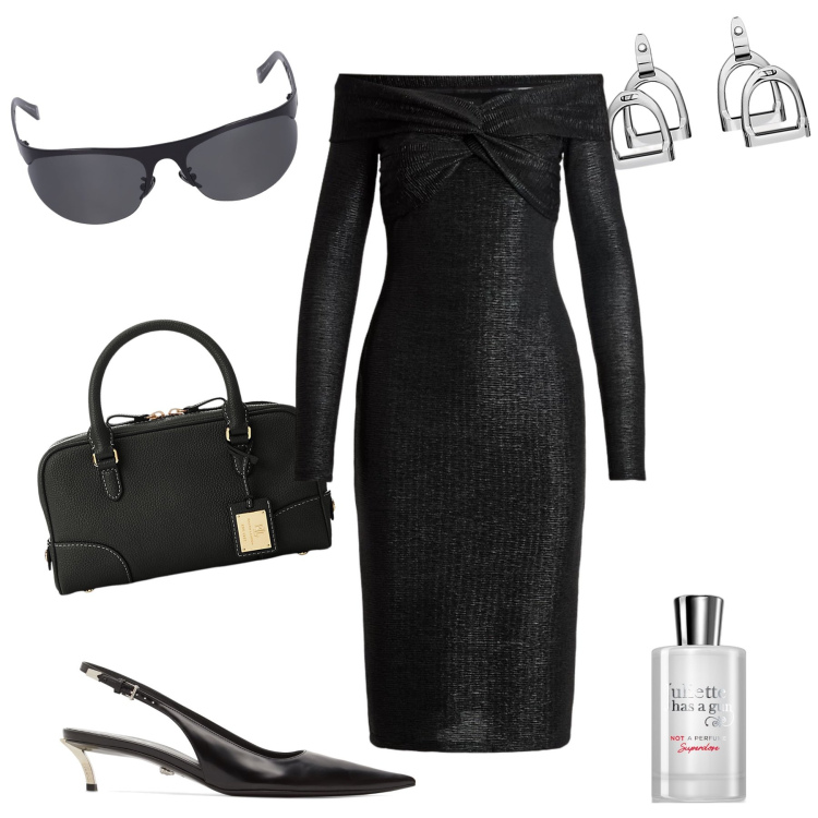 Outfit donna - Total look. Stile Bon Ton per Serata fuori. Abbinamento con profumi, orecchini, vestiti a tubino, borse a mano, occhiali da sole, décolleté.
