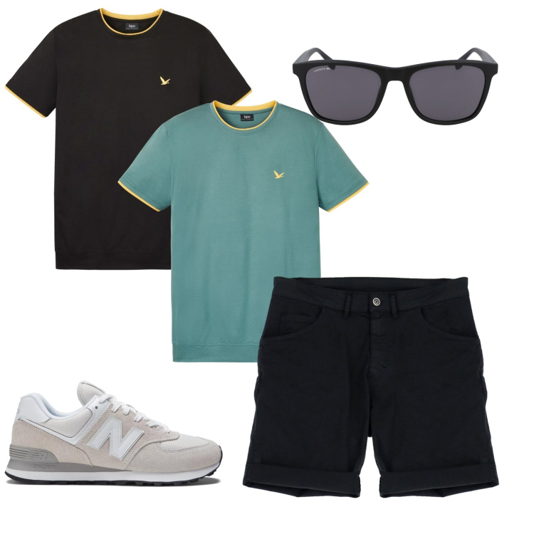Outfit uomo - Casual. Stile Casual per Tutti i giorni. Abbinamento con t-shirt, sneakers, shorts, occhiali da sole.