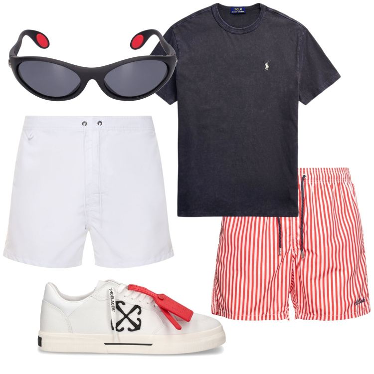 Outfit uomo - Total look #1917659. Stile Casual per Mare. Abbinamento con t-shirt, sneakers, shorts, costumi, occhiali da sole.