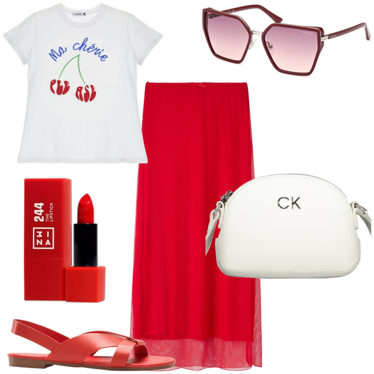 Outfit donna - Comoda. Stile Trendy per Tutti i giorni. Abbinamento con sandali, rossetti, gonne lunghe, t-shirt, occhiali da sole, borse a tracolla.