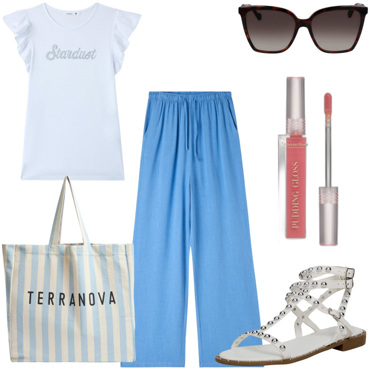 Outfit donna - I miei must have dell\'estate. Stile Trendy per Tutti i giorni. Abbinamento con gloss, pantaloni, t-shirt, sandali, borse tote, occhiali da sole.