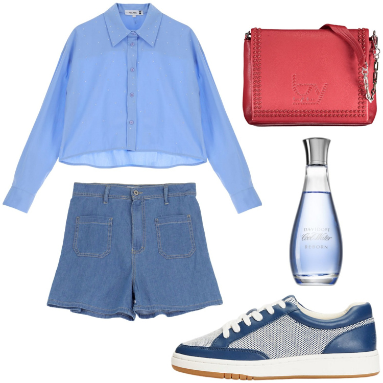 Outfit donna - Short. Stile Casual per Tutti i giorni. look ideale per Petite. Abbinamento con profumi, shorts, camicie, sneakers, borse a spalla.