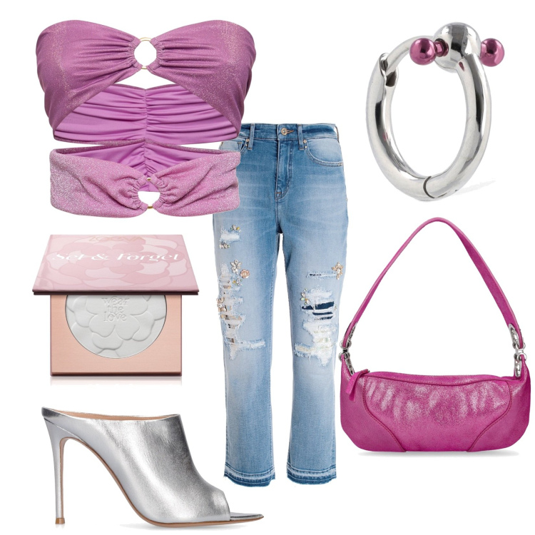 Outfit donna - Glam. Stile Glamour per Serata fuori. Abbinamento con ciprie, jeans strappati, top, borse a spalla, orecchini, pantofole.