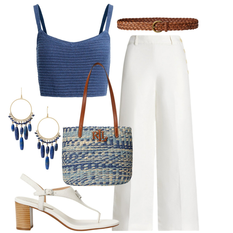 Outfit donna - Semplice e chic. Stile Chic per Tutti i giorni. Abbinamento con cinture, pantaloni, sandali in pelle, orecchini, canottiere, borse tote.