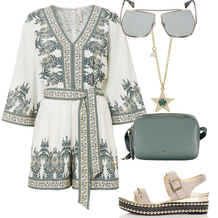 Outfit donna - La tuta per il mare. Stile Etnico per Mare. Abbinamento con tute, collane, sandali, borse a tracolla, occhiali da sole.