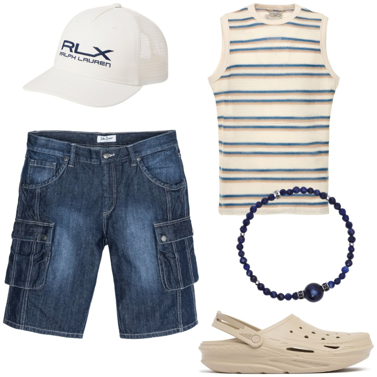 Outfit uomo - Serata sulla spiaggia. Stile Trendy per Mare. Abbinamento con bermuda, braccialetti, cappelli, t-shirt, sandali.