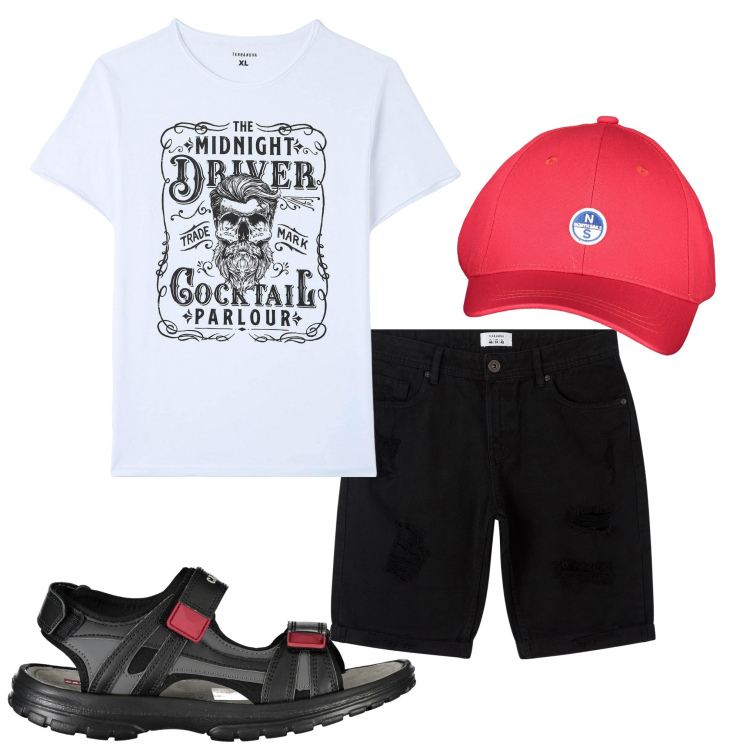 Outfit uomo - In vacanza. Stile Casual per Mare. Abbinamento con bermuda, t-shirt, sandali, cappelli con visiera.