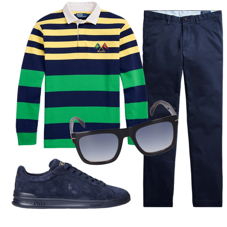 Outfit uomo - Total look #1917703. Stile Trendy per Ufficio. Abbinamento con pantaloni, sneakers, maglieria, occhiali da sole.