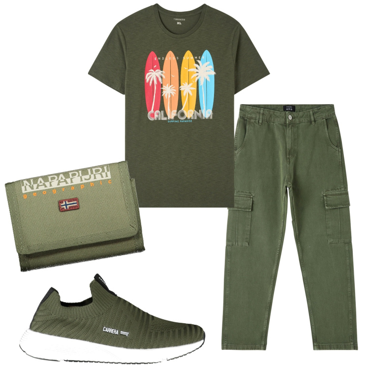 Outfit uomo - T-shirt stampata. Stile Casual per Tutti i giorni. Abbinamento con t-shirt, pantaloni cargo, portafogli, sneakers.