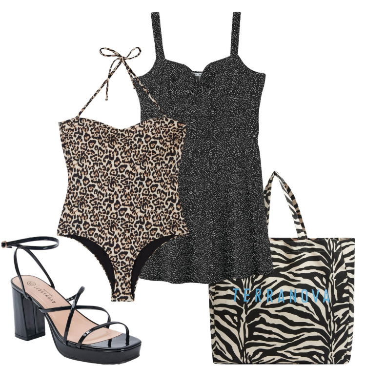 Outfit donna - Sexy in spiaggia. Stile Sexy per Mare. Abbinamento con costumi interi, borse tote, vestiti midi/longuette, sandali in pelle.