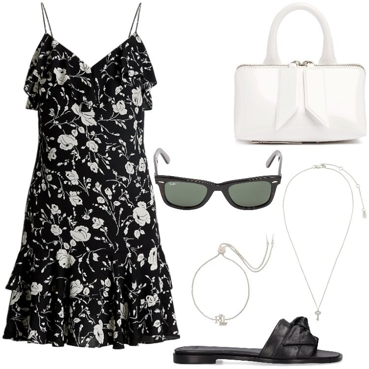 Outfit donna - Total look #1917727. Stile Glamour per Tutti i giorni. Abbinamento con braccialetti, vestiti senza maniche, ciondoli, sandali in pelle, borse a mano, occhiali da sole.