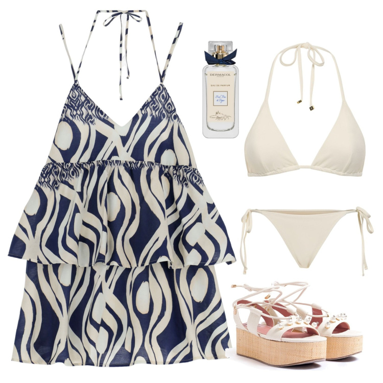 Outfit donna - Fantasia Astrata!. Stile Boho per Mare. Abbinamento con profumi, vestiti corti, sandali col tacco, bikini, bikini.