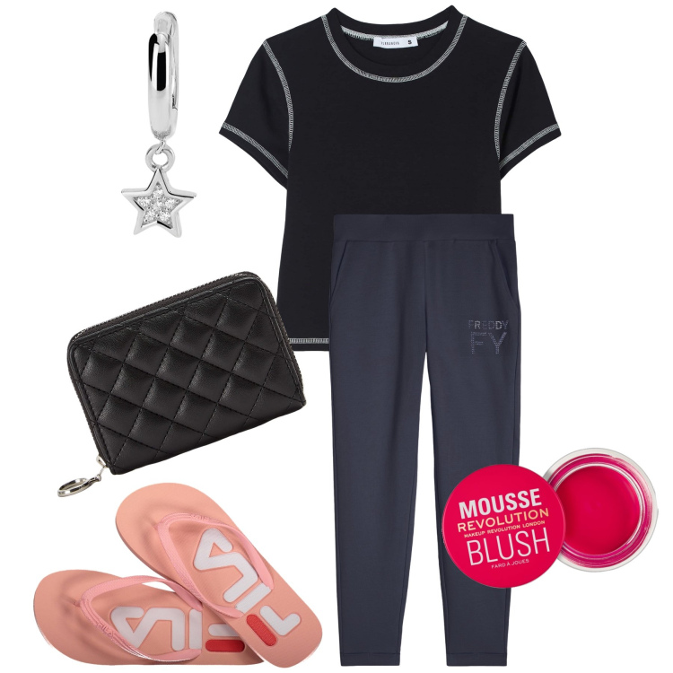 Outfit donna - Home sweet home. Stile Basic per Tutti i giorni. Abbinamento con blush, t-shirt, portafogli, orecchini, pantaloni, infradito.