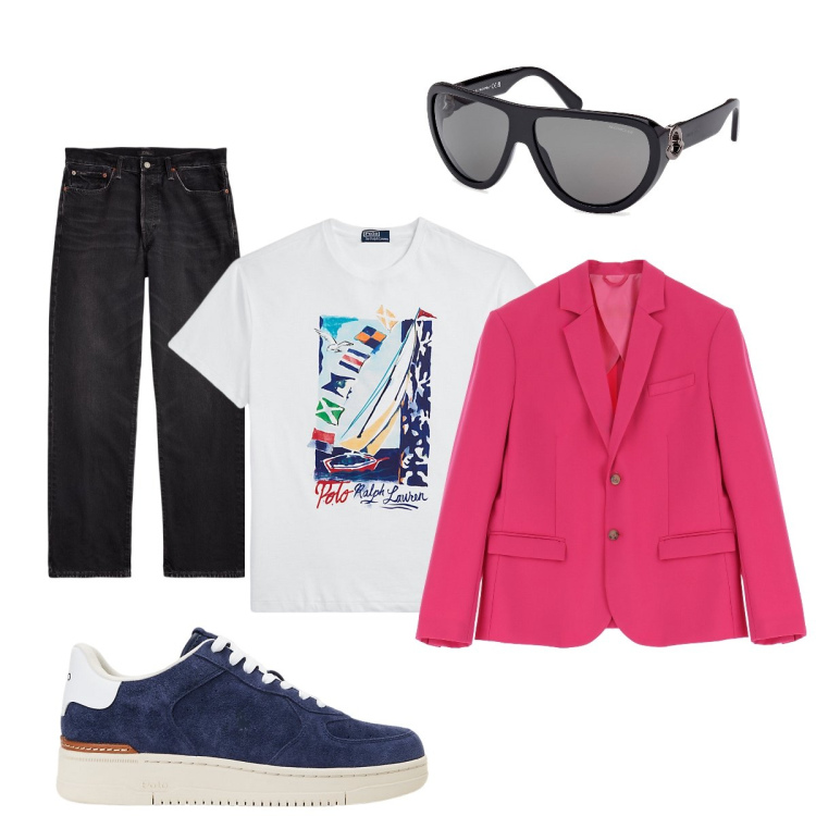 Outfit uomo - Total look #1917755. Stile Casual per Tutti i giorni. Abbinamento con giacche, jeans dritti, t-shirt, sneakers, occhiali da sole.