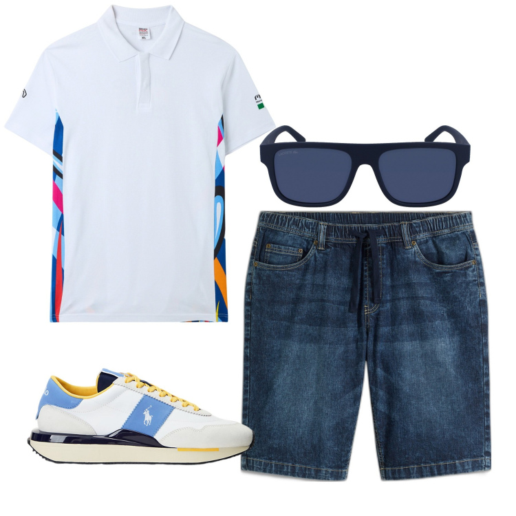 Outfit uomo - Profili colore. Stile Casual per Tutti i giorni. Abbinamento con bermuda, polo, sneakers, occhiali da sole.