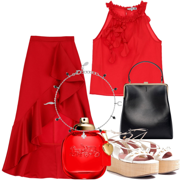 Outfit donna - Balze da ballo. Stile Glamour per Serata fuori. Abbinamento con profumi, braccialetti con ciondoli, canottiere, sandali col tacco, gonne longuette, borse a spalla.