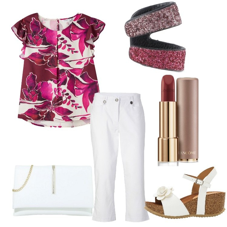 Outfit donna - Una vita in vacanza. Stile Basic per Tutti i giorni. Abbinamento con sandali, pantaloni capri, rossetti, bluse, pochette, orecchini.