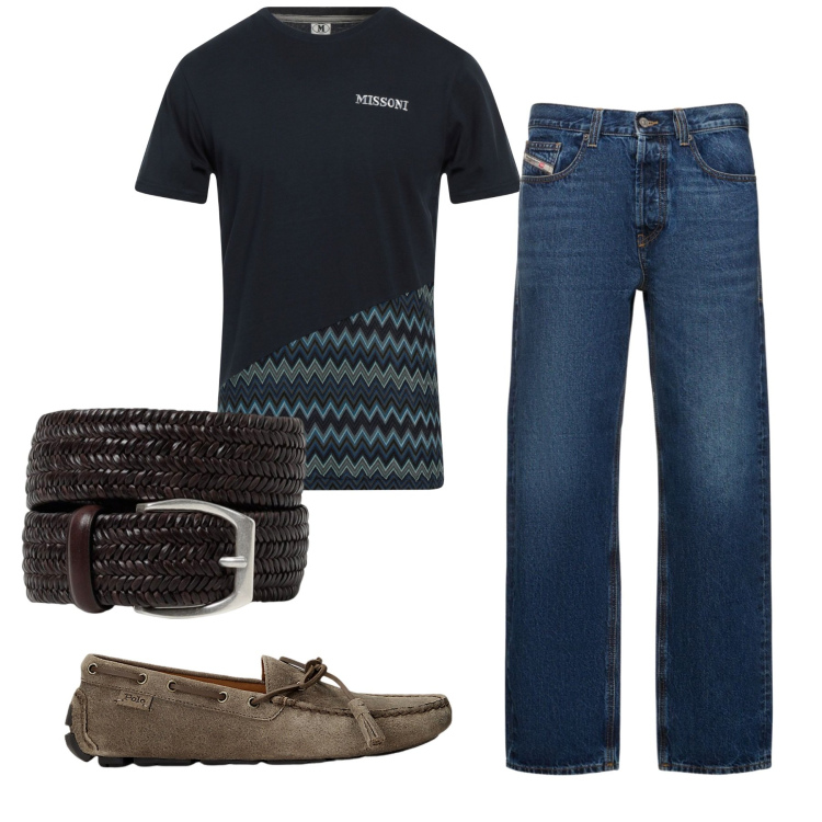 Outfit uomo - Orlo chevron. Stile Trendy per Tutti i giorni. Abbinamento con t-shirt, scarpe stringate, jeans dritti, cinture.
